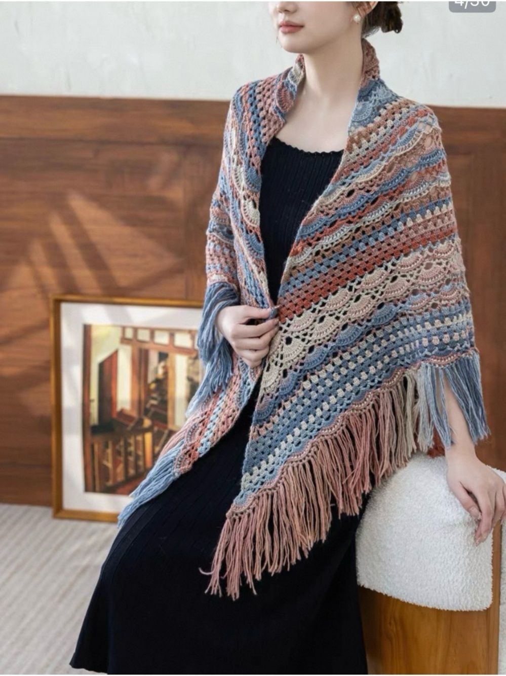 Boho Striped Crochet Fringe Shawl in Muted Blues & Neutrals